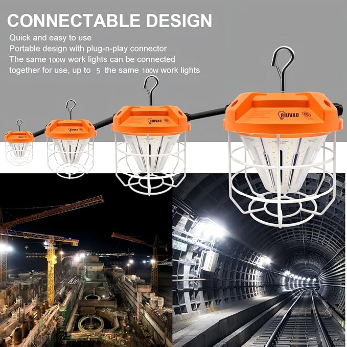 LED Temporary Work Light 100W15000Lm, 5000K Daylight White, Portable High Bay Light with Hook, Indoor Outdoor Area Lighting