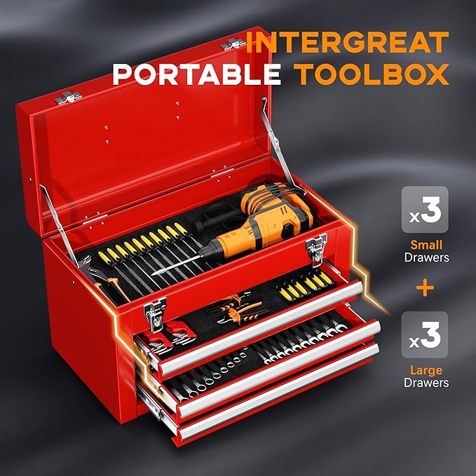 INTERGREAT Tool Chest Cabinet, 3-Drawer Rolling Tool Chest with Detachable Top Tool Box, Tool Storage Cabinet with Universal Lockable Wheels, Metal Tool Cart for Garage, Workshop, Barbershop(Red)