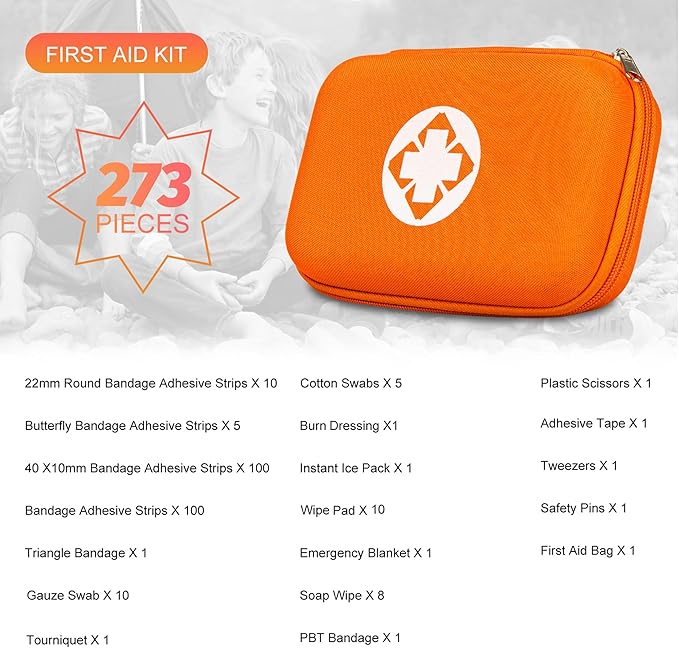 Car-Home Survival First-Aid Kit Emergency-Kit - Orange 273Piece Equipment Travel Supplies First Aid Set Home Essentials Camping Hiking YIDERBO