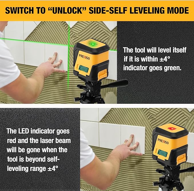PREXISO Laser Level with Tripod, 65Ft Self Leveling Cross Line Laser Level, Green Line leveler Tool for Hanging Pictures, Home Renovation with LED Indicator & 2 AA Batteries (31-1/2 inch Tripod)