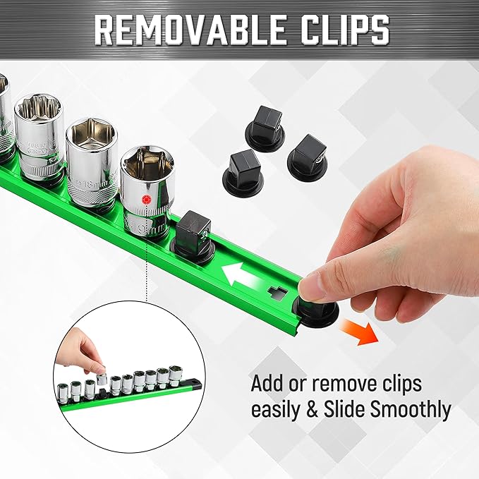 ALOANES 1/2-Inch Drive Magnetic Socket Organizer, Heavy Duty Aluminum Socket Rail Organizer, 360° Swivel Clips Socket Holder Kit for Tool Box, 1/2 Inch Socket Holder x 12 Clips (Green)