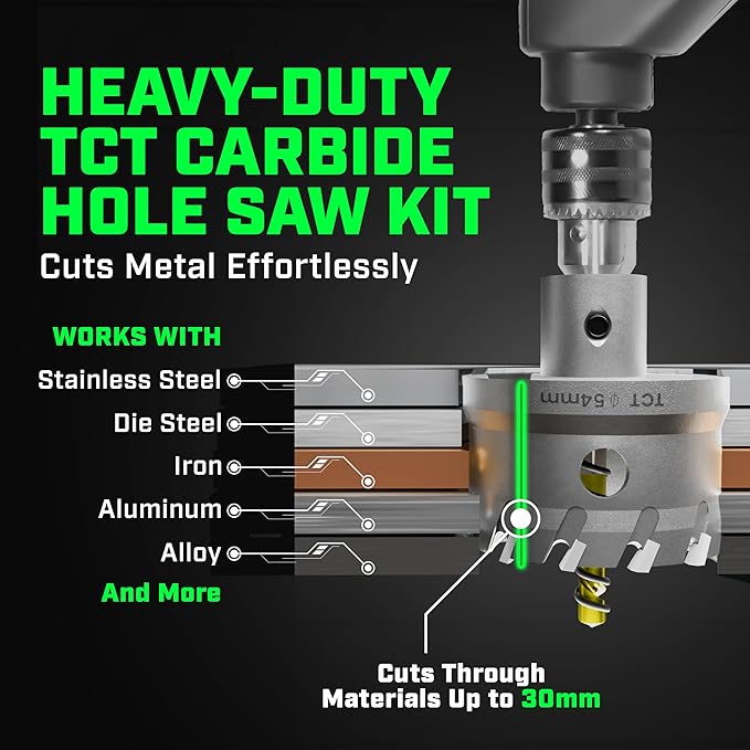 Tungsten Carbide Hole Saw Kit 22 Pcs – Carbide Hole Saw Set 9/16" to 2-1/8" for Metal, Stainless Steel, Wood – Includes 2 Drill Bits, Deburring Tool, 4 Blades, 3 Allen Wrenches – Industrial & DIY Use