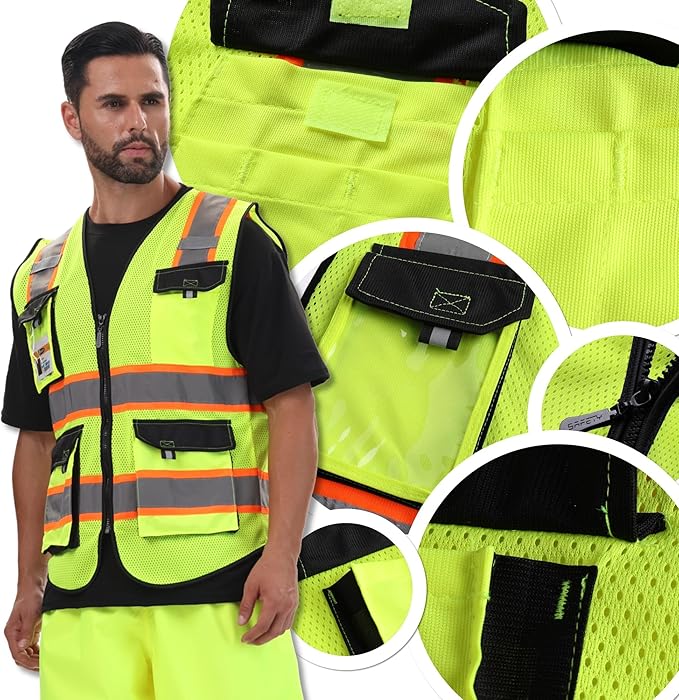 JKSafety Hi Vis Reflective Safety Vests for Men Women High Visibility Vest with Pockets Mesh Fabric Construction Safety Apparel Neon Vest for Work (220-Yellow L)