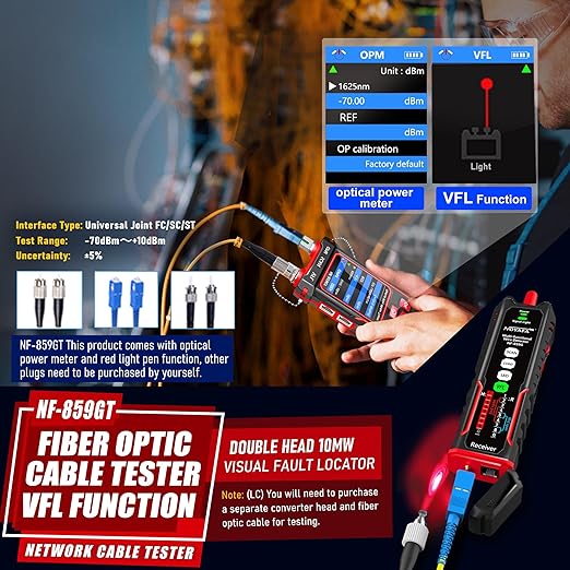 NF-859GT Network Cable Tester with Optical Power Meter10mw DualHead Visual Fault Locator,for POE/RJ45RJ11CAT5 CAT6 CAT3 Tone Probe KitEthemet Wire TracerFiber Tester LAN Network Tools
