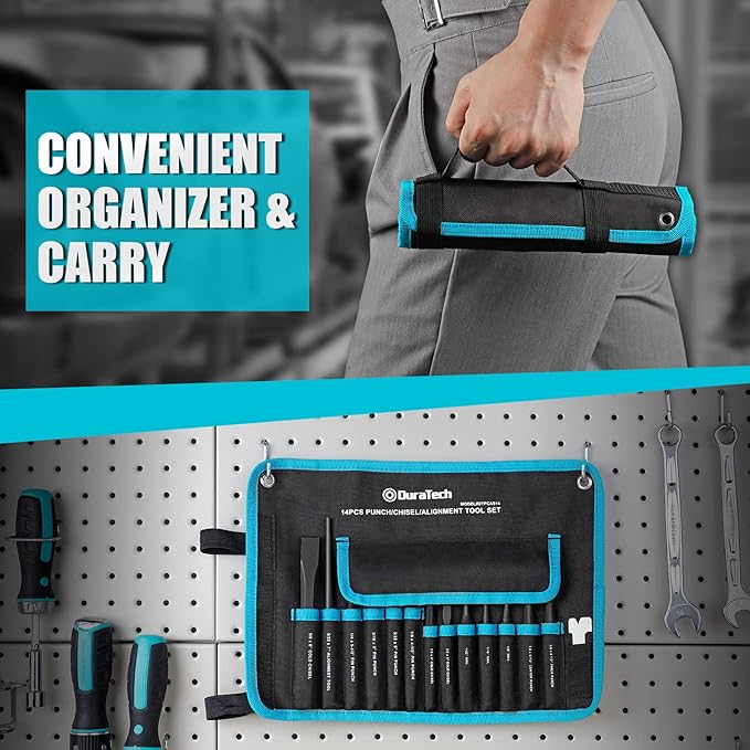 DURATECH 14 Piece Punch/Chisel/Alignment Tool Set, Including Pin Punch, Center Punches, Nail punch, Alignment Tool, Cold Chisels, Chisel Gauge, for Removing Repair Tool, with Rolling Pouch
