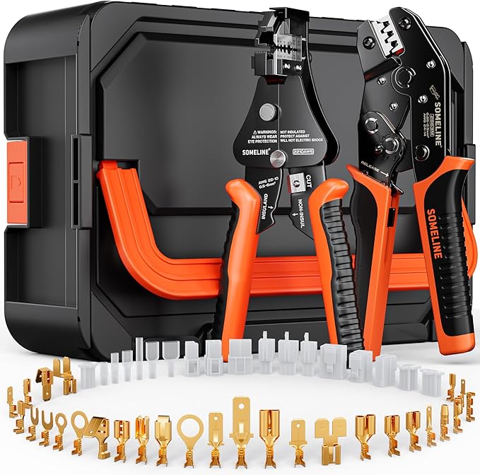 SOMELINE Spade Connector Crimping Tool Kit 24-14 AWG, 40 Types 2.8/4.8/6.3/7.8 mm Non-Insulated Spade Terminals and Terminal Housings - Open Barrel Crimping Tool, Ratchet Wire Crimper Tool