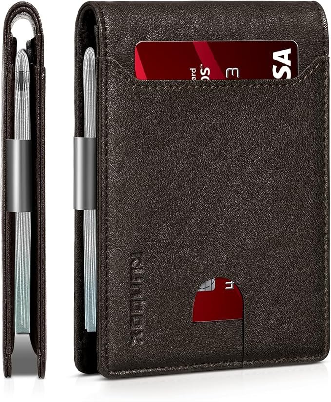 RUNBOX Slim Wallets for Men - Leather Money Clip Mens Wallet - RFID Blocking Front Pocket Bifold Wallet - Thin Credit Card Holder with Gift Box