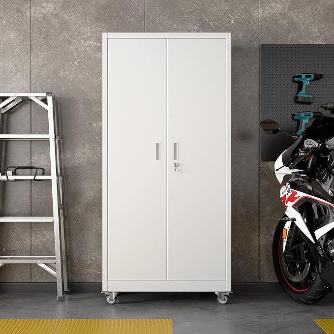 Aobabo Upgrade 71H''*32''W*16''D Metal Garage Storage Cabinet with Wheels and Pegboards, 5 Adjustable Shelves Steel Storage Cabinets for Home,Warehouse,Garage,Assembly Required,White