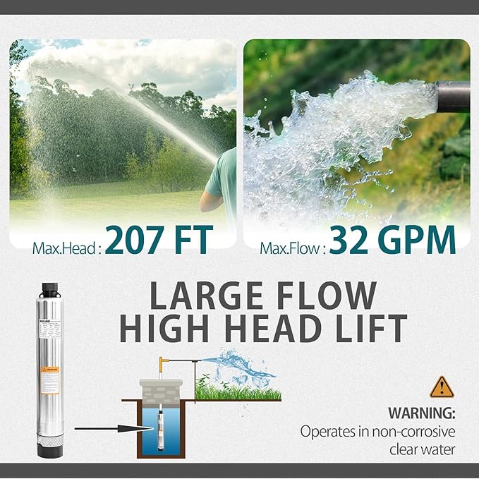 WASSERMANN 4" Septic Submersible Effluent/Cistern Bottom Suction Pump With 33FT Cable, 1HP, 230V/60HZ, 26GPM, 138FT Head, Stainless Steel Deep Well for Septic Tank Home