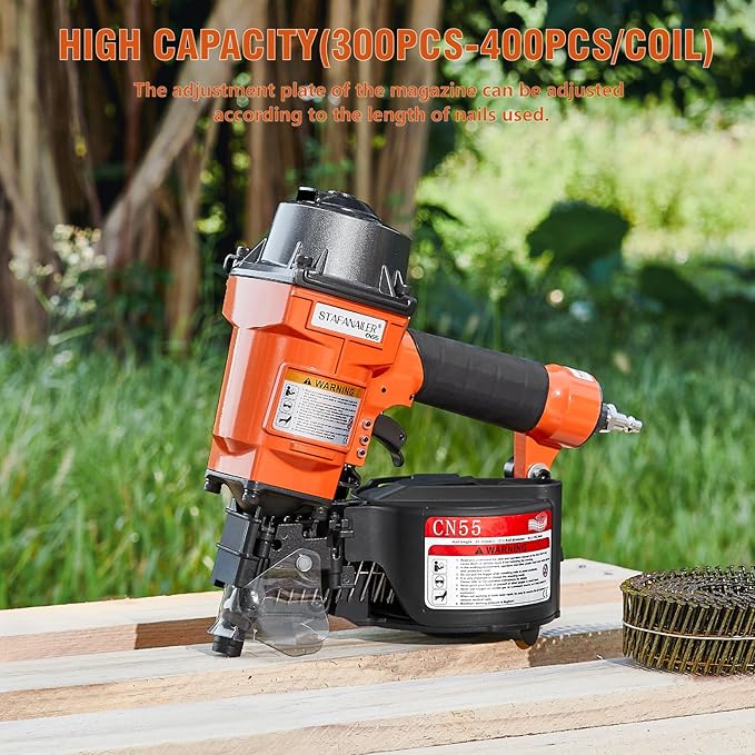 Update CN55 Pneumatic Siding Nailer for 1-Inch up to 2-1/4-Inch Nails, 15 Degree Coil Nail Gun with Bump Firing for Fast Nailing Speed, Coil Nail Gun for Pallets, Siding, Crating, Fencing, Decking