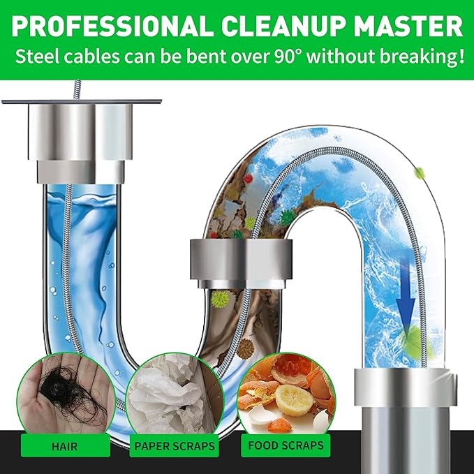BACOENG 33Ft Drain Auger, Heavy Duty Plumbing Snake with Drill Adapter, Use Manually or Powered for Drain Clog, Shower Sink, Comes with Gloves and Bag (Green)
