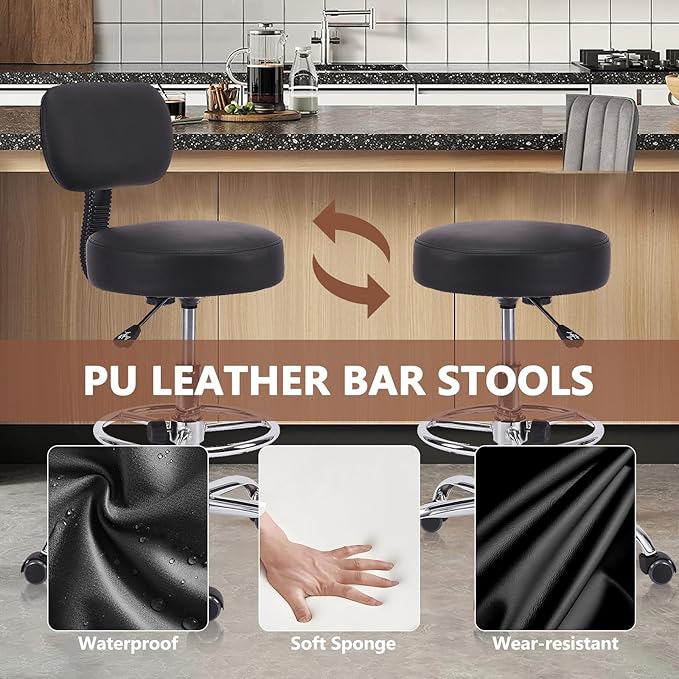 Drafting Stool Chair with Back, Adjustable Foot Rest Backrest Swivel Rolling Stool, Multi-Purpose Office Desk Chair, Thickened Seat for Home Bar Spa Kitchen Shop 2pack