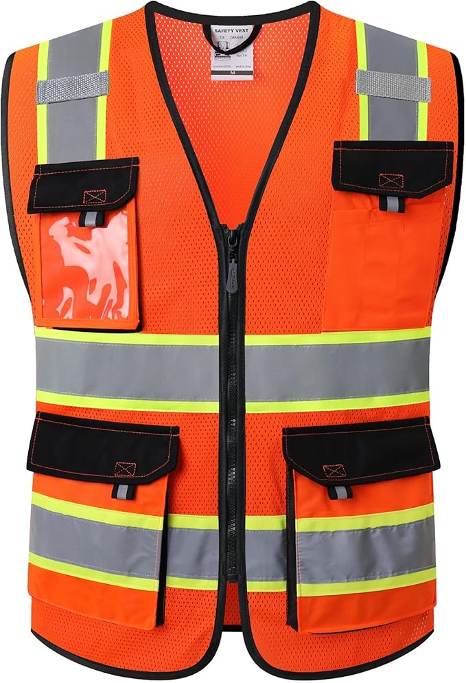 JKSafety Hi Vis Reflective Safety Vests for Men Women High Visibility Vest with Pockets Mesh Fabric Construction Safety Apparel Neon Vest for Work (220-Orange M)
