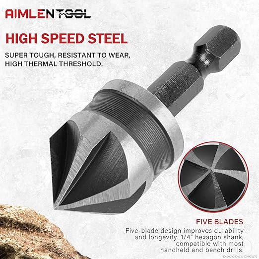 5 Pcs Countersink Drill Bit Set, 82 Degree 5 Flute High-Speed Steel Countersink Drill Bit with 1/4” Hex Shank, 1/4" to 3/4" Size for Machinable Metals, Wood, Carbon Steel, in Aluminum Case