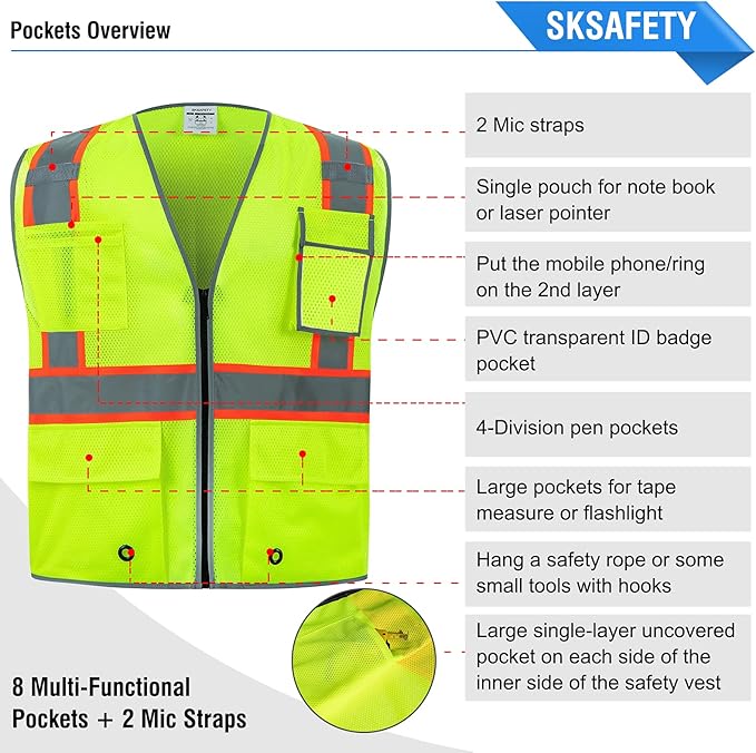 SKSAFETY 10 Pockets Safety Vest, Class 2 High Visibility Security with Zipper Double-sided mesh, Hi Vis Vest with Reflective Strips, ANSI/ISEA Standard, Construction Work Vest （Lime, L）