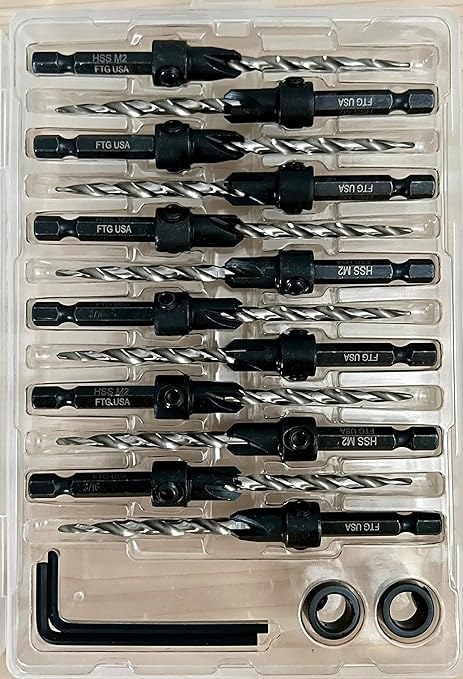 FTG USA 12 Pc #10 (3/16") Countersink Drill Bit Set for Wood with Tapered Drill Bit