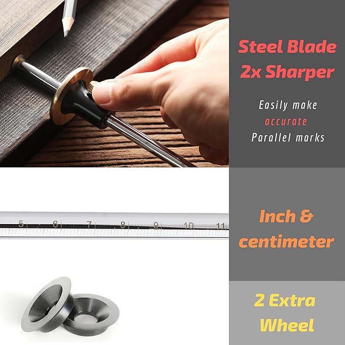 Mr. Pen Wheel Marking Gauge, 2 Extra Blades, Laser Engraved Graduations, Solid Brass Face, Adjustable
