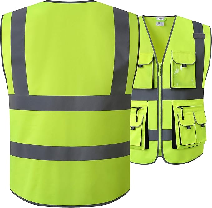 JKSafety 10 Pockets Class 2 High Visibility Zipper Front Safety Vest Yellow with High Reflective Strips Meets ANSI/ISEA Standards (88-Yellow, XX-Large)