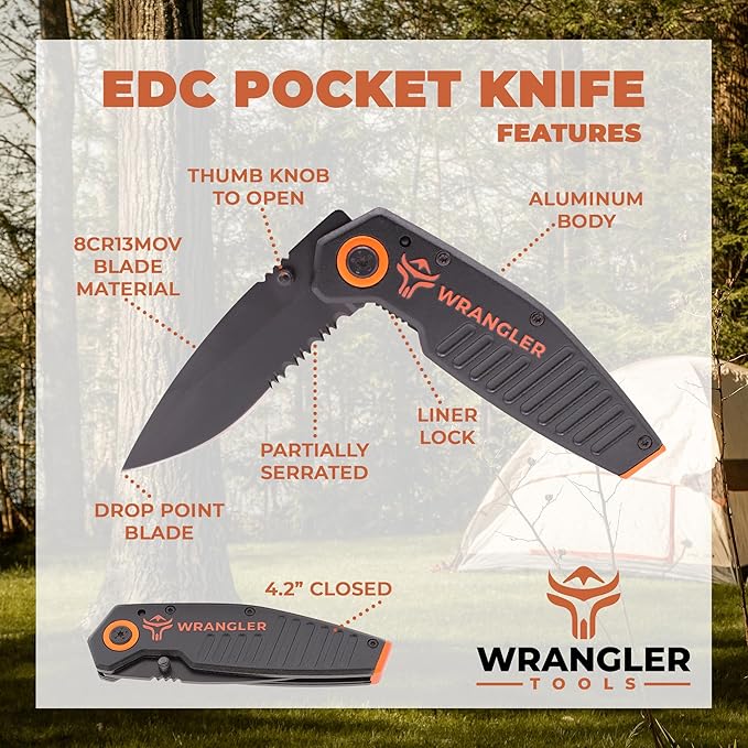 EDC Pocket Knife - Compact Every Day Carry Tactical Pocket Knife - 2.9" 8Cr13MoV Drop Point Partially Serrated Blade - Lightweight 3.2oz - Folding Knife