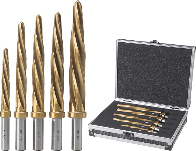 M2 HSS Taper Chucking Reamer 5pcs Set, 3/8", 1/2", 9/16", 5/8", 3/4", Fit 3/8" or 1/2" Shank Chuck, Spiral Flute, Bridge/Construction Reamer for Steel, Alloy, Aluminum, Wood, Plastic