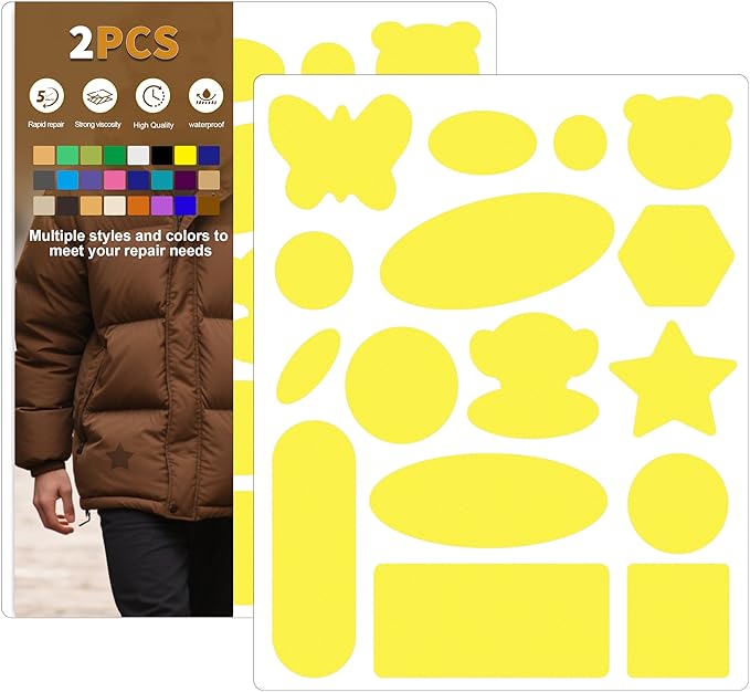 Azobur Down Jacket Repair Patches-Waterproof, Self-Adhesive,Nylon Fabric Patches for Puffy Jackets, Rain and Snow Gear, Tents, Sleeping Bag and More(Yellow，2pcs)