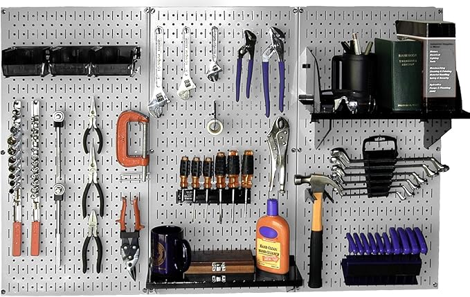 Wall Control Metal Pegboard Tool Organizer Kit (30-WRK-400GB) and Wall Control 26 Piece Deluxe Slotted Hook Assortment (KT-200-DLX)