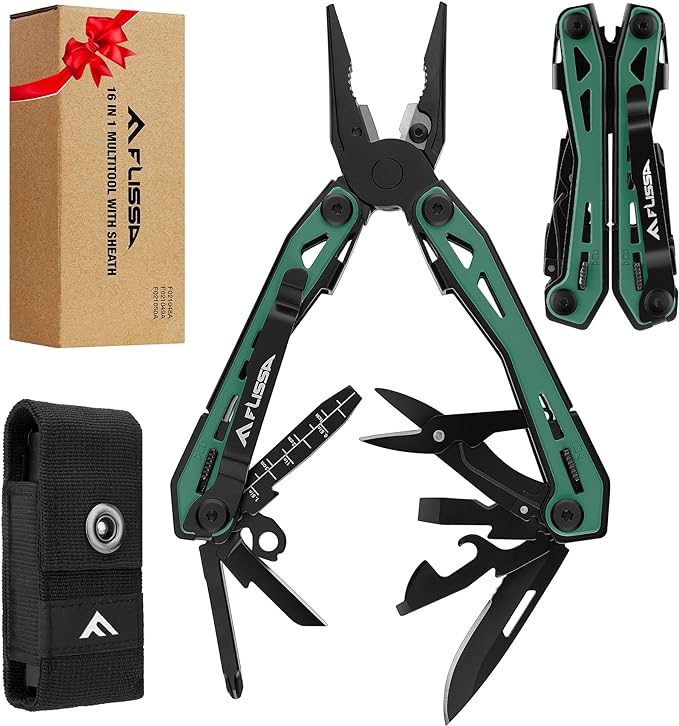 FLISSA 16-in-1 Multi Tool Pliers, Gift for Dad, Stainless Steel EDC Multitool with Pocket Knife, Belt Clip and Oxford Pouch, Self-locking Multipurpose Utility Multi-Tool for Camping Survival Outdoor