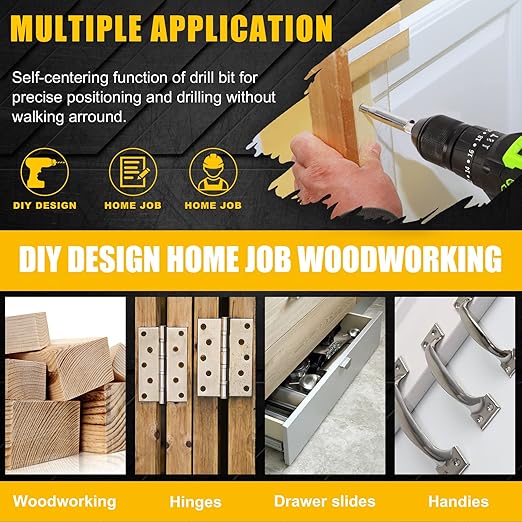 COMOWARE 17pcs VIX Bits Self Centering Drill Bit Set, 1/4" Hex Shank Self Centering Hinge Drill Bit Set for Woodworking Window Door Hinge, Quick Change with 1 Hex Key & 8 Drill Bits 5/64-1/4”