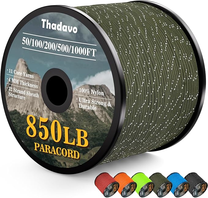 Reflective Paracord Rope 850Ib, 50/100/200/500/1000ft 4MM 11 Strand Parachute Cords, Tactical Paracord String for Camping, Fishing, Clothesline, Hammock, Tent, Bracelet, Army Green 100FT