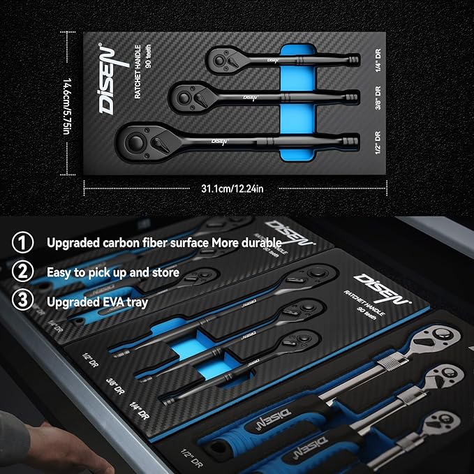 DISEN 3PCS Black Ratchet Set (1/2", 3/8", 1/4" Drive) - 90-Tooth Contour Handle, Black Oxide Finish with Reversible Quick Release & EVA Tray - Industrial Ratchet Wrench Kit