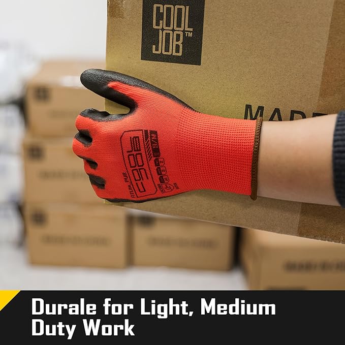 COOLJOB 60 Pairs Safety Work Gloves Pack Bulk with Grip PU Coating, 13 Gauge Seamless Knit Gloves with Polyurethane Dipped for Warehouse Working, Breathable Lightweight for Men Women, Red Medium