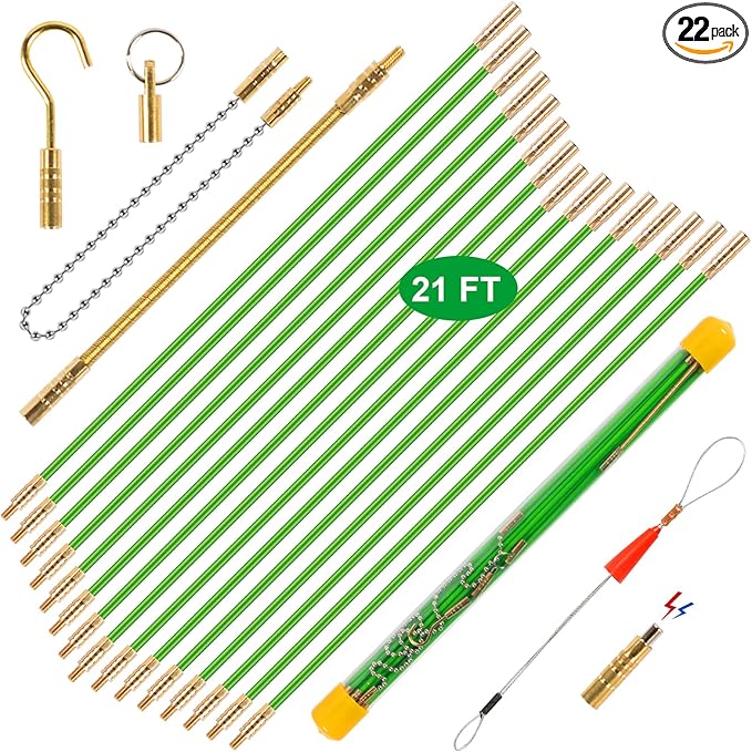 21FT Fiberglass Running Electrical Wire Cable Pulling Fish Tape Kit, Bright Green Glow Rods Set with 7 Different Attachments in a Carrying Case