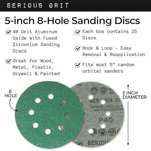 Sanding Discs 5 Inch 8 Hole 40 Grit - Heavy-Duty Hook & Loop Wet Dry Film Sandpaper Discs - Extra Coarse Sand Paper for Random Orbital Sanders - Wood, Automotive, Metal, etc - 25 Pack Box