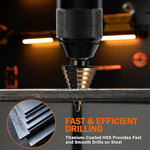 KENDO 5PCS Step Drill Bits with Automatic Center Punch - Black and Gold, High Speed Steel Unibit Step Drill Bit Set, Total 50 Sizes HSS Titanium Step Bits for Metal, DIY Lovers with Aluminum Case