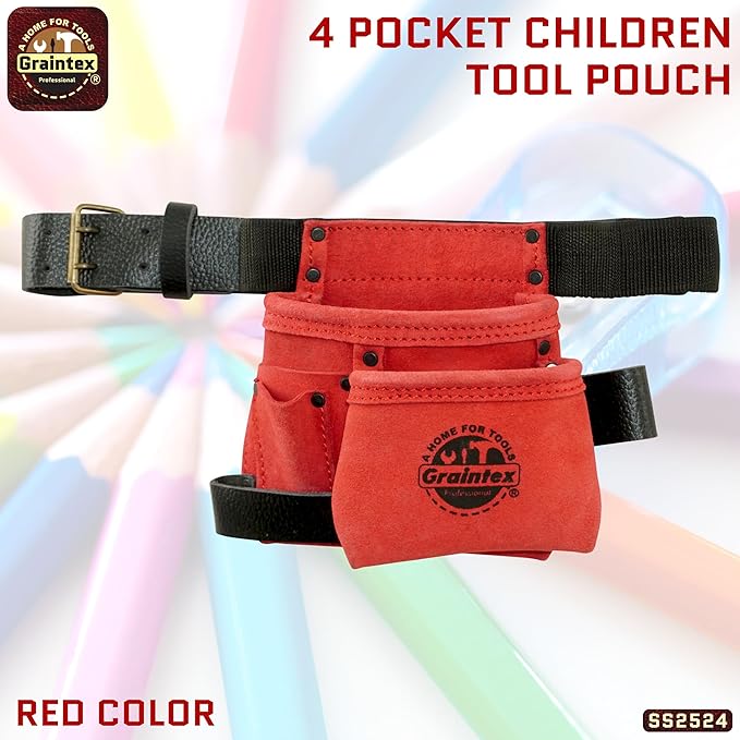 Graintex 4 Pocket Children Tool Pouch Suede Leather with Leather Belt and Hammer Loop