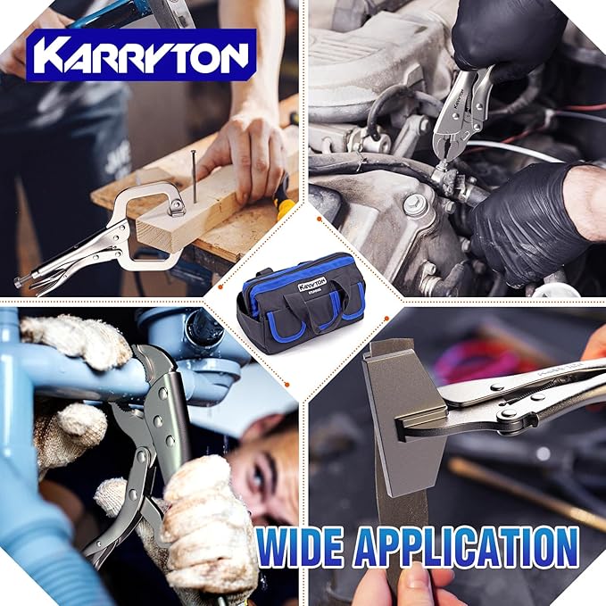 16PCS Locking Pliers Set, Carbon Steel, Fast Release, Curved Jaw, Long Nose, Straight Jaw, U-Shaped,Pinch Off,C-clamp, Chain Clamp, Sheet Metal Clamp w/Multifunction Oxford Tool Bag
