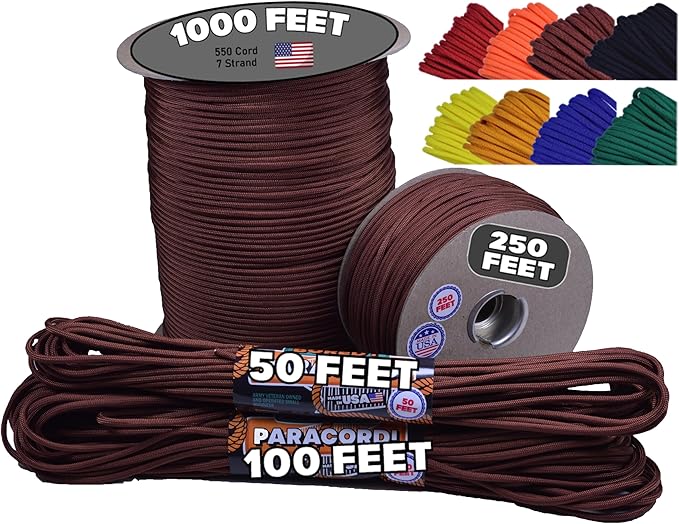 BORED? PARACORD! 550 lb Paracord - Ideal for Crafting, Camping, DIY Projects, Active & Military Outdoors - Strong Survival Rope - Tactical Parachute Cord Type III - Chocolate Brown 250 Feet