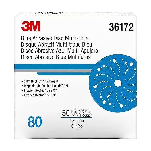 3M Hookit Blue Abrasive Discs 36172, Multi-Hole, 6 in, 80+ Grade, Pack of 50, Virtually Dust-Free, for Auto Sanding, Body Repair, Featheredging, Primer Sanding, Paint Preparation, E-Coat Sanding