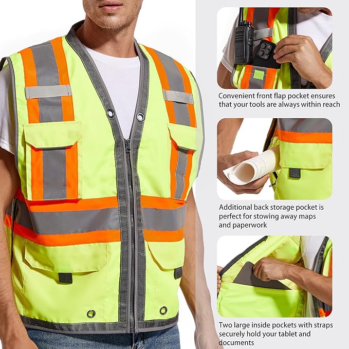 Reflective Safety Vest for Men and Women - Class 2 High Visibility Construction Vest - Dual Tone Reflective Strips
