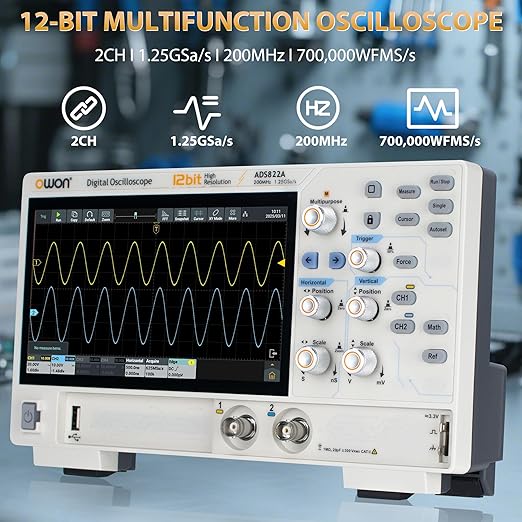 OWON Oscilloscope ADS822A 200MHz Dual Channel Digital Oscilloscope 12 Bits Vertical Resolution 1.25GSa/s Sample Rate with 50M Memory Depth 7 inch LCD Display Lab Oscillograph