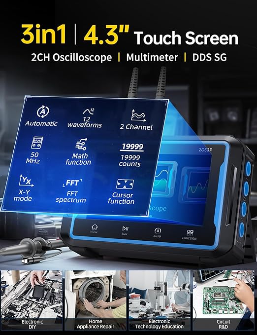 FNIRSI 2C53P Handheld Tablet Oscilloscope Multimeter DDS Signal Generator 3 in 1, 2CH Automotive Oscilloscope Multimeters with 50Mhz Bandwidth, 19999 Counts, 250MS/s Sampling, 4.3 inch Touch Screen