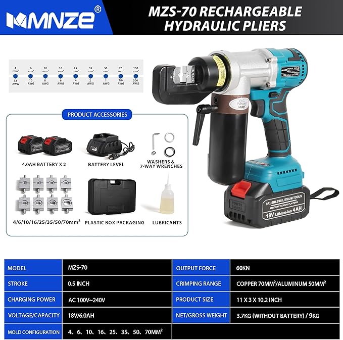 Electric Hydraulic Cable Lug Crimping Tool 6 Ton Hydraulic Electrical Wire Terminal Cable Lugs Crimper Rechargeable Crimping Tool Kits with 8 Dies, 12 AWG to 2/0 AWG