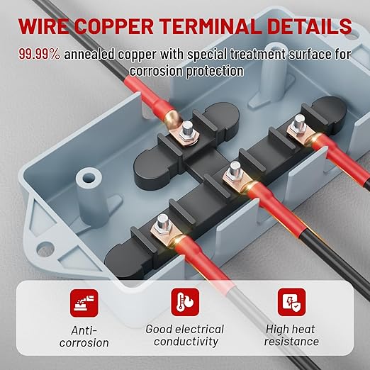 RED WOLF 6 AWG 5/16"(M8) 20 Pcs Wire Lugs Ring Terminal Connectors Ends, 6 Gauge Battery Cable Copper Connector Ring Ends Stud w/Heat Shrink Tubing 3:1 Black Red for Automotive Electrical