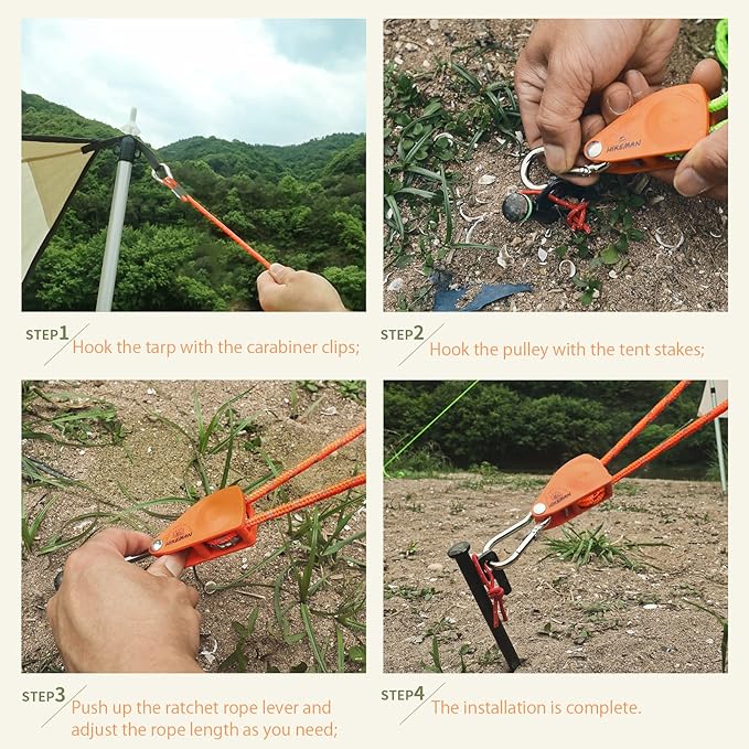 Hikeman Camping Rope with Ratchet Pulley,Quick Setup Outdoor Guy Lines Adjustable Tent Tie Downs Rope Hanger for Canopy,Kayak and Canoe,Grow Light (Black)