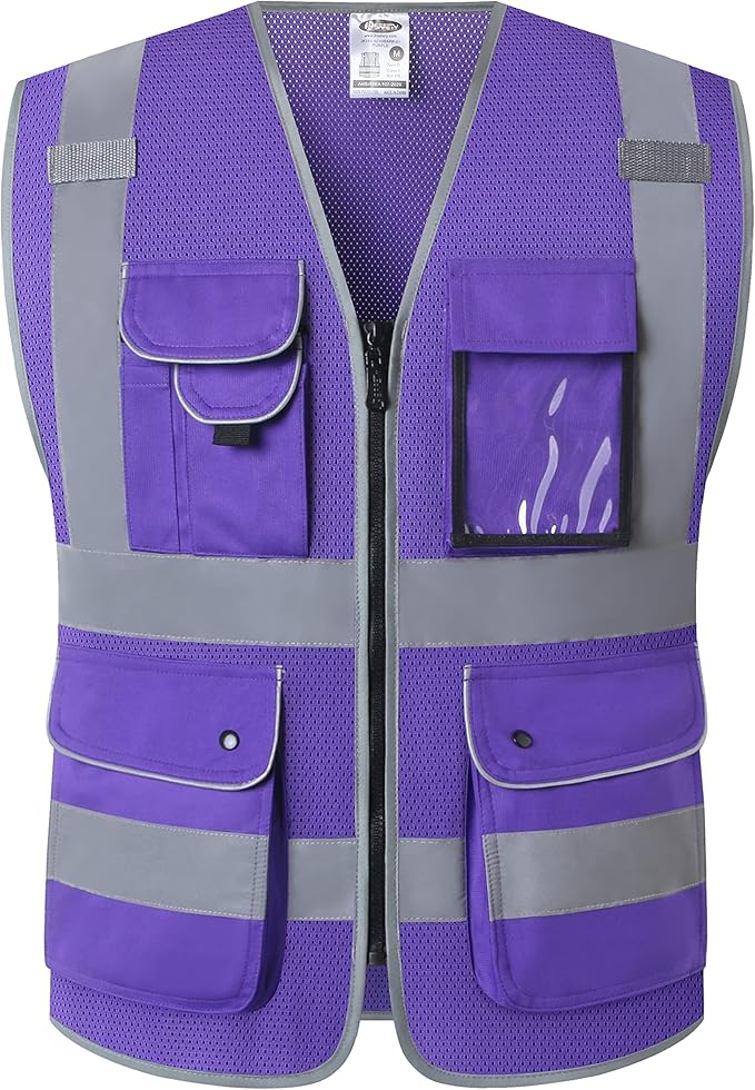 JKSafety 9 Pockets High Visibility Safety Vest for Men and Women, Hi-Vis Reflective Purple Safety Vests with Zipper Front, Meet ANSI/ISEA Standards (159-Purple 5XL)
