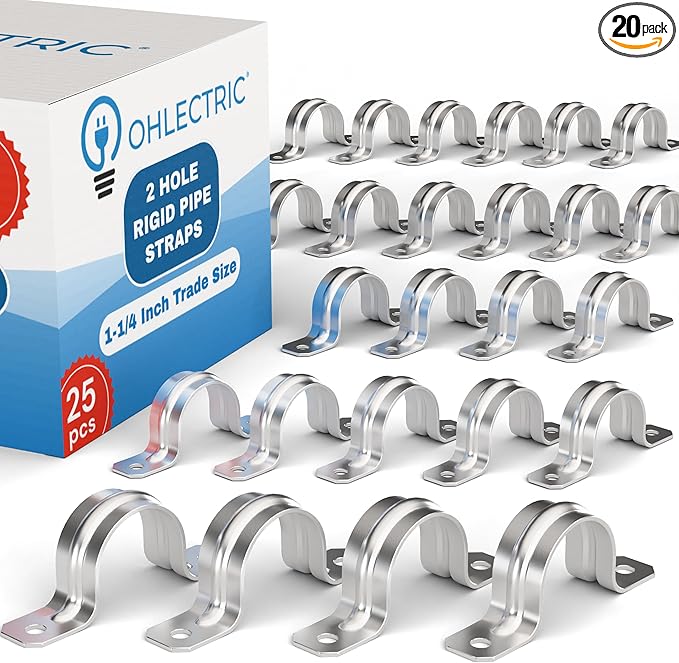 OHLECTRIC Heavy Duty Pipe Strap (20 Pack - 1¼ Inch) Zinc Plated Conduit Clamps, 2 Hole Steel Rigid Pipe Strap U Bracket, Zinc Coated Tension Tube Clip, Metal Pipe Clamp for Rigid Conduits