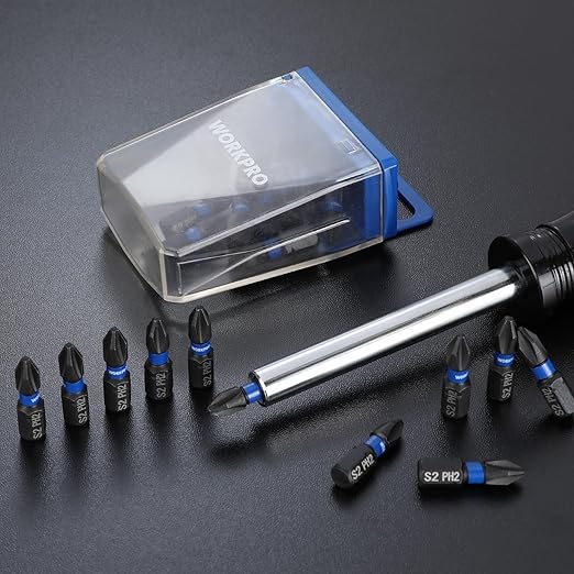 WORKPRO 20pcs PH2 Impact Phillips Screwdriver Bit Set, CNC Machined S2 Steel Tips with Magnetism, 1/4" Hex-Shank Driver Bits, 1" Long Impact Screwdriving Bits with Storage Box