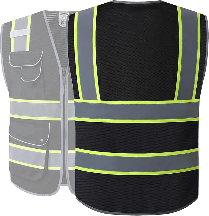 JKSafety 9 Pockets High Visibility Zipper Front MESH Black Safety Vest | Black with Dual Tone High Reflective Strips | ANSI/ISEA Standards (100-Black, M)