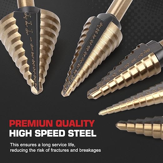 5Pcs Step Drill Bit & 5Pcs Countersink Drill Bit Set, Titanium Coated, HSS Step Bit, 50 Sizes of Step Bit for Metal with Aluminum Case, Multiple Hole Stepped Up Bits for DIY