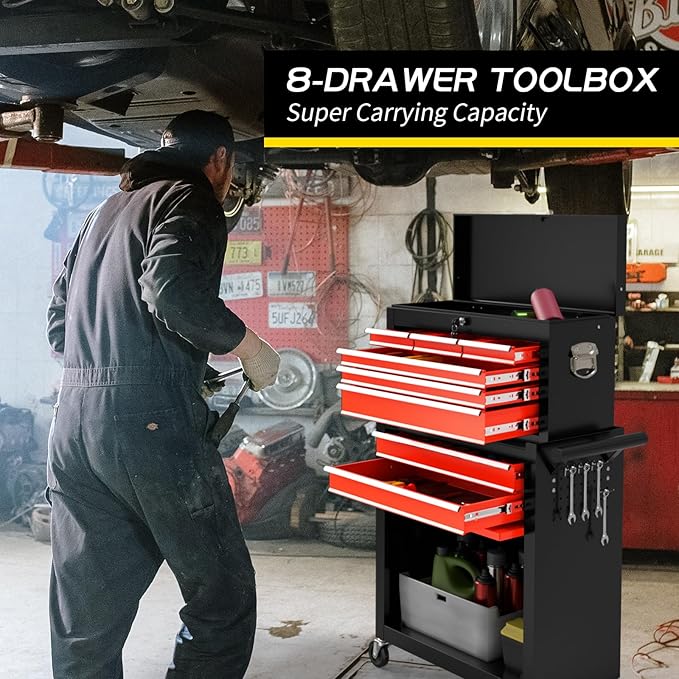 On Shine 8 Drawer Rolling Tool Chest, Large Capacity Rolling Tool Box with Wheels, Locking Mechanical Tool Chest, Portable Tool Box with Sliding Drawers,Metal Tool Box for Garage Workshop (BlackRed)